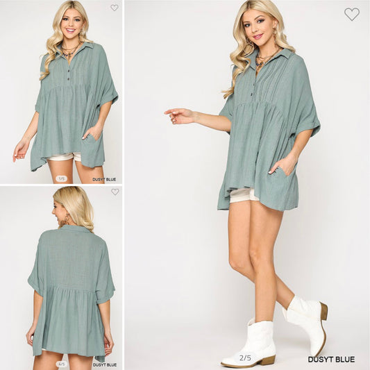Dusty Blue Babydoll Shirt